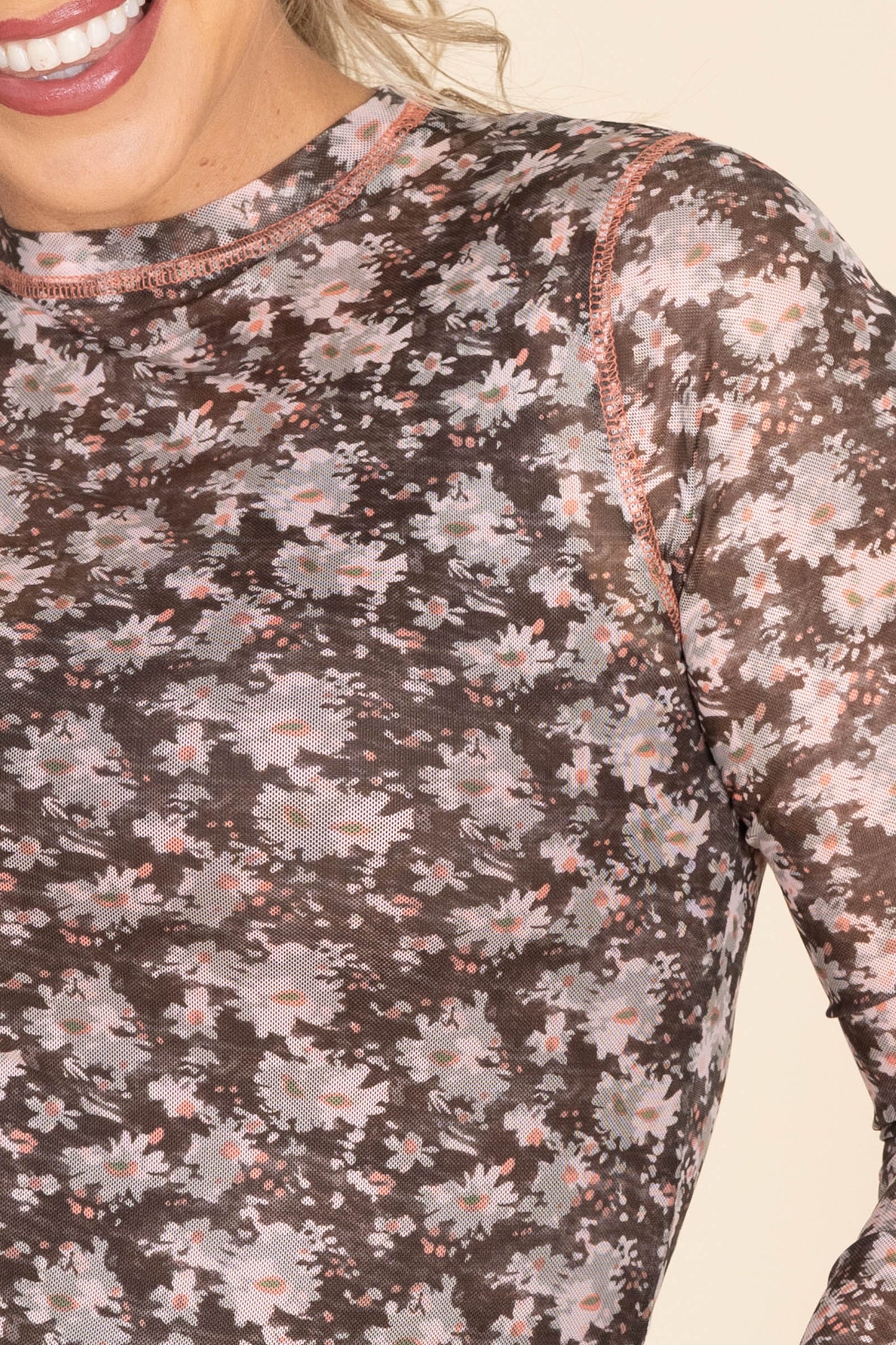 Brown Mesh Floral Layering Knit Top