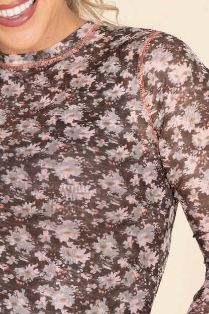 Brown Mesh Floral Layering Knit Top