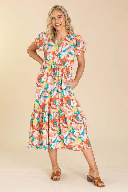 Coral Floral Print Elastic Waist Dress