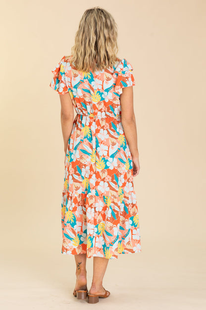 Coral Floral Print Elastic Waist Dress