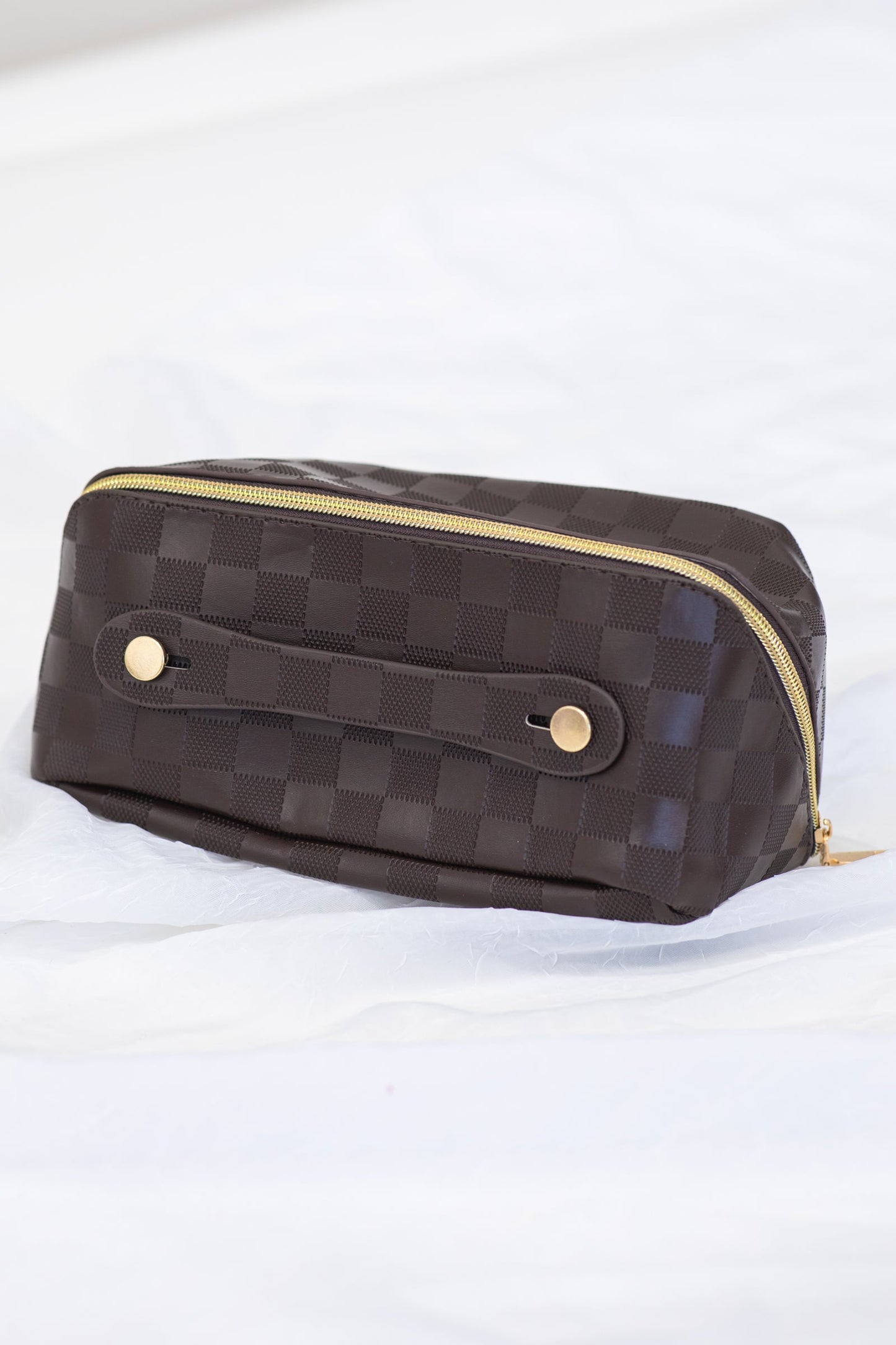 Brown Checkerboard Faux Leather Makeup Bag