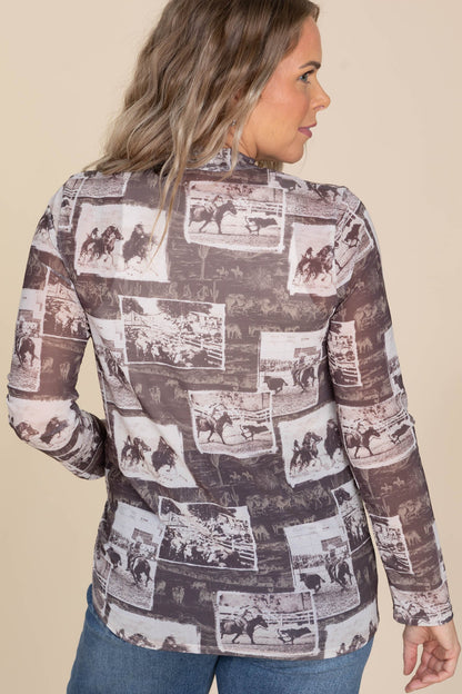 Brown Vintage Rodeo Print Semi Sheer Knit Top