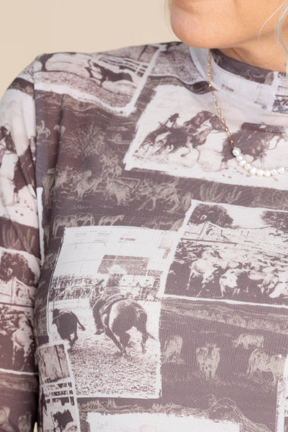 Brown Vintage Rodeo Print Semi Sheer Knit Top
