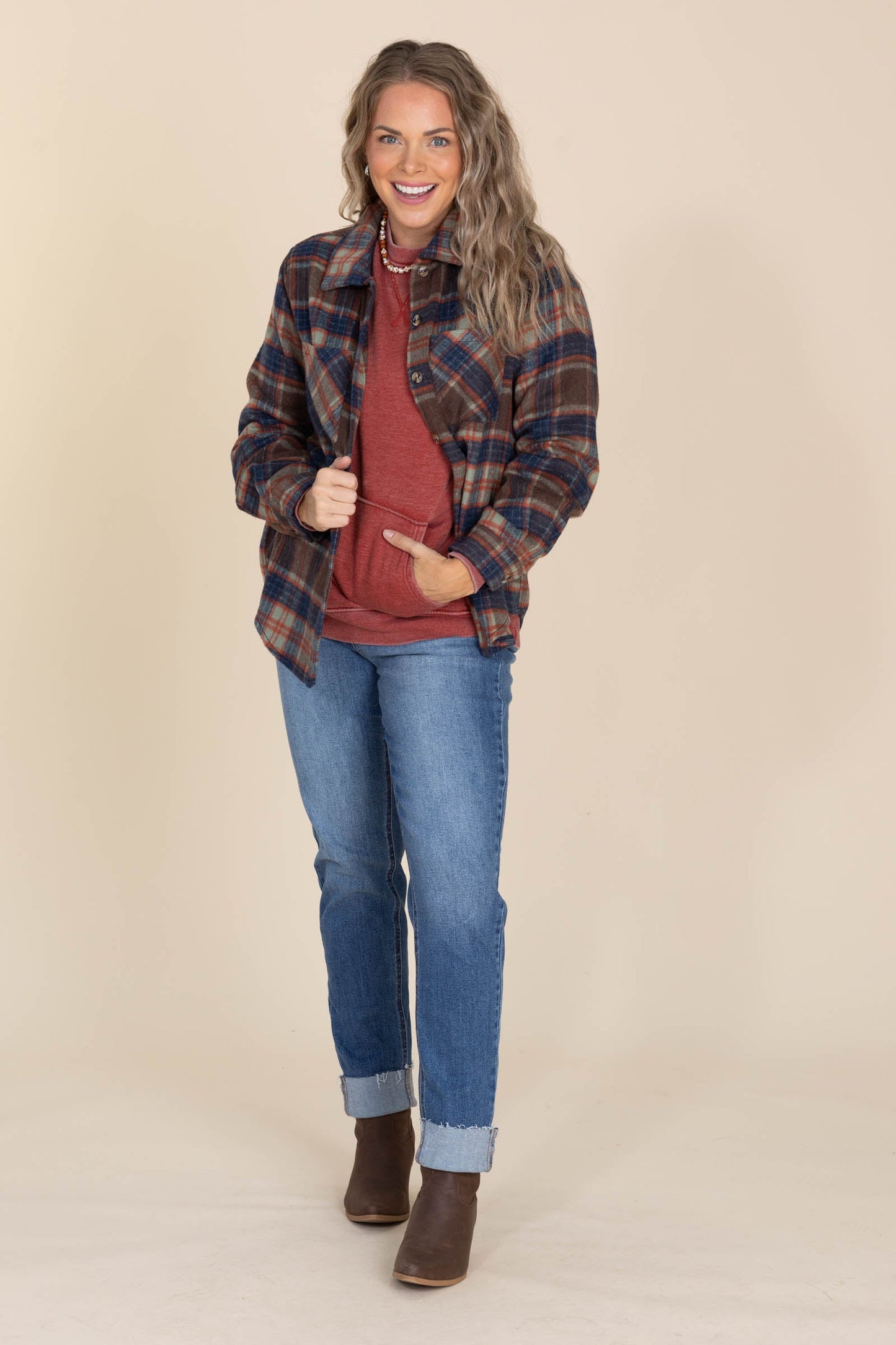 Brown And Navy Plaid Button Down Shacket