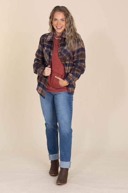 Brown And Navy Plaid Button Down Shacket