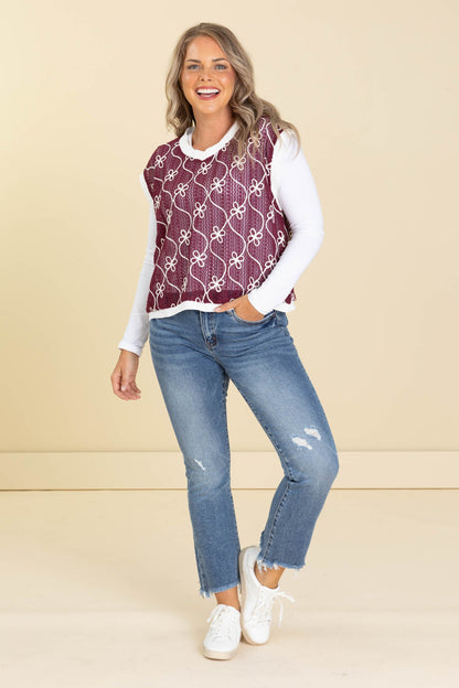 Burgundy Embroidery Knitted Jersey Vest