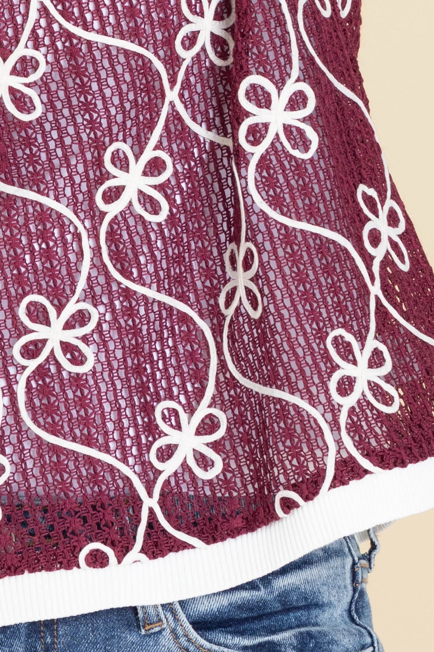 Burgundy Embroidery Knitted Jersey Vest