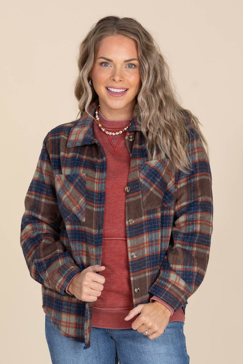 Brown And Navy Plaid Button Down Shacket
