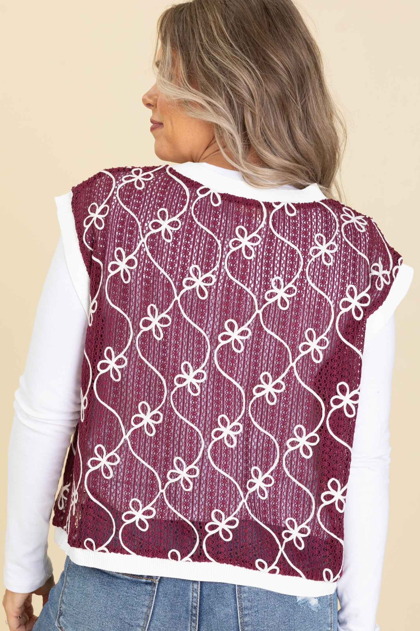 Burgundy Embroidery Knitted Jersey Vest