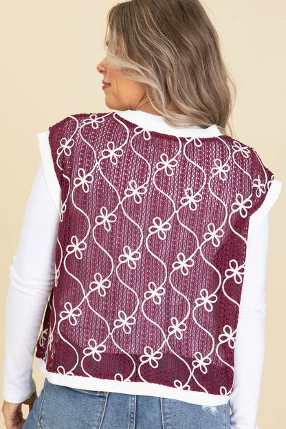 Burgundy Embroidery Knitted Jersey Vest