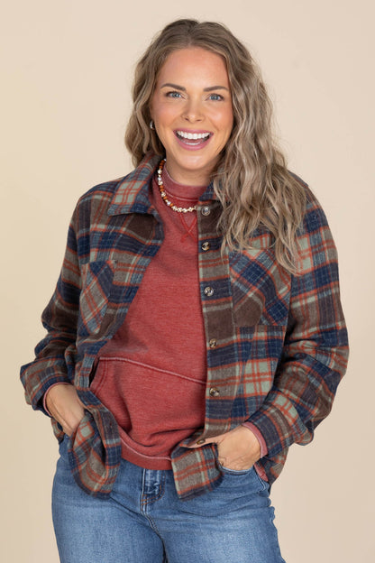 Brown And Navy Plaid Button Down Shacket