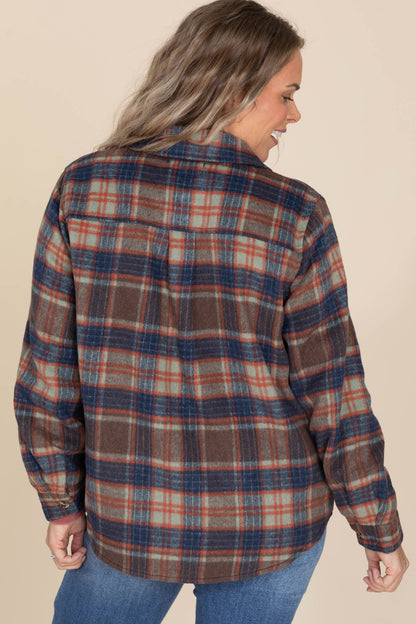 Brown And Navy Plaid Button Down Shacket