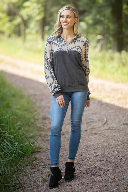 Charcoal and Beige Aztec 1/4 Zip Pullover