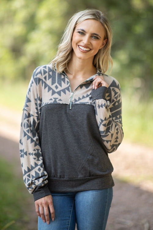 Charcoal and Beige Aztec 1/4 Zip Pullover