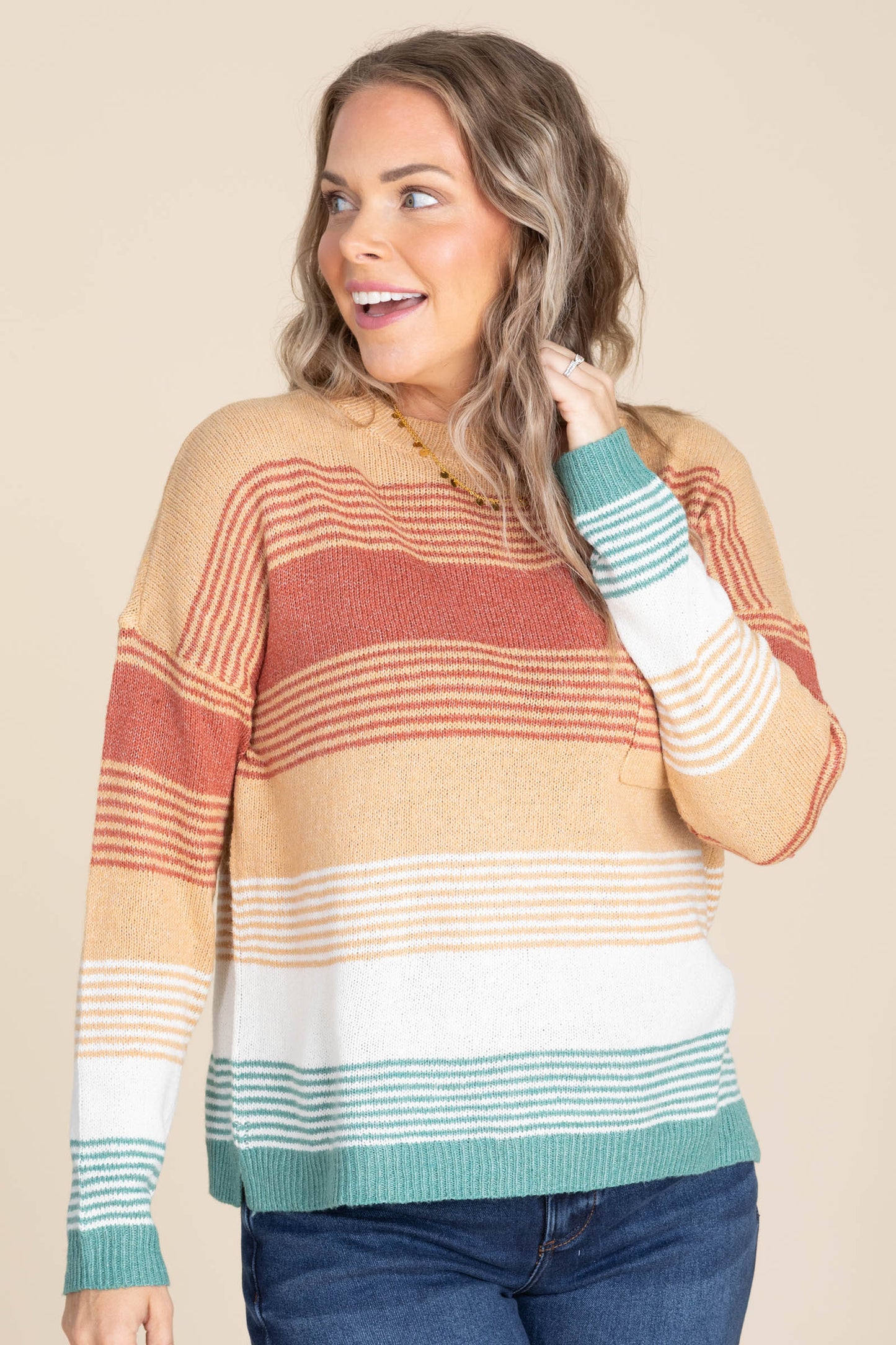 Camel And Rust Colorblock Stripes Knit Sweater