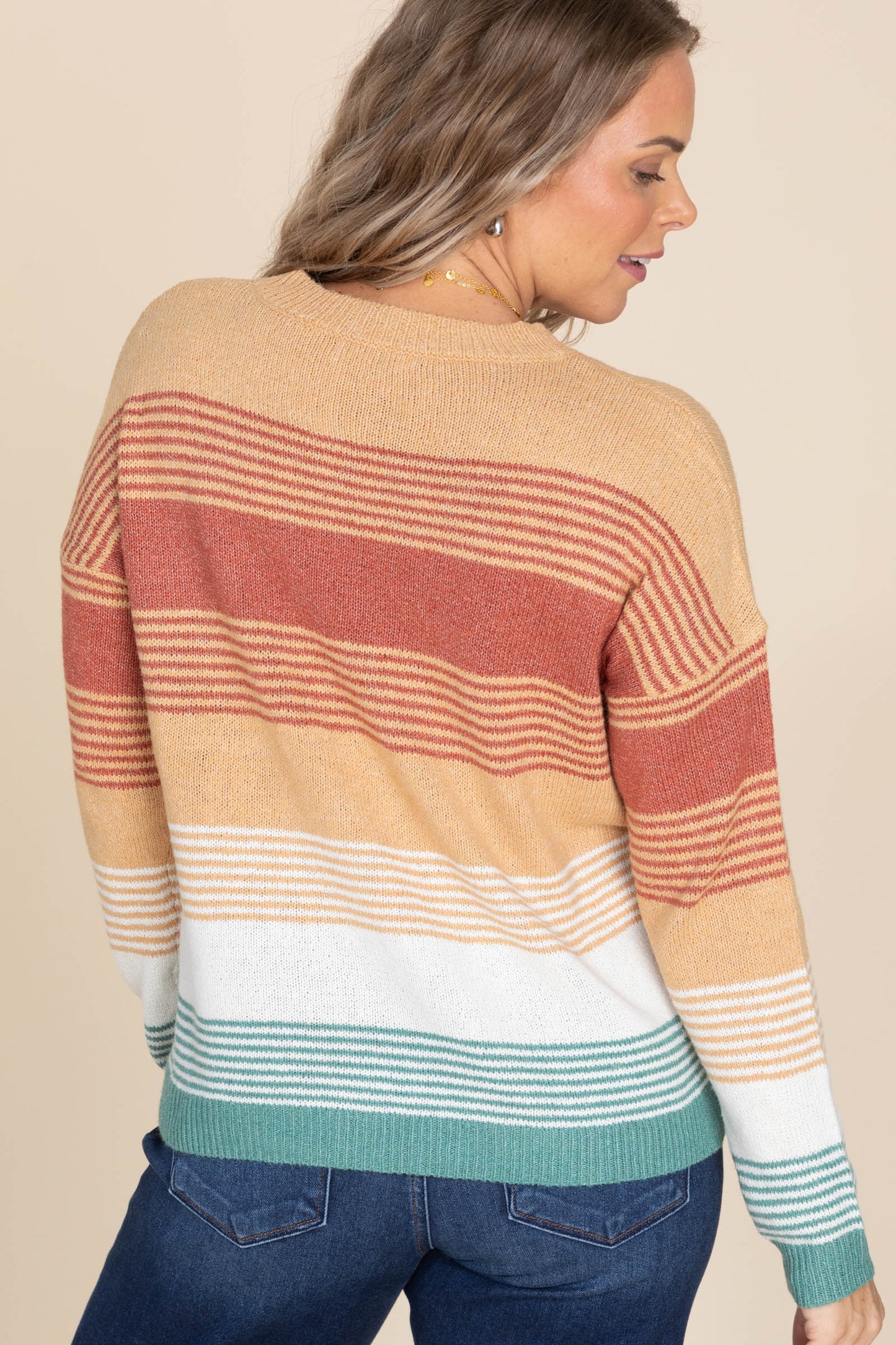 Camel And Rust Colorblock Stripes Knit Sweater