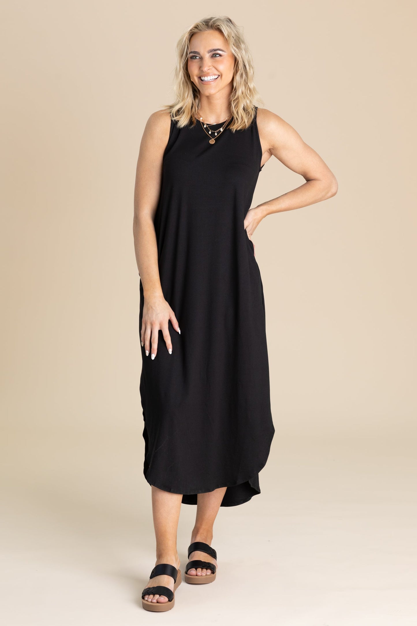 Brushed Side Slit Dress With Pockets