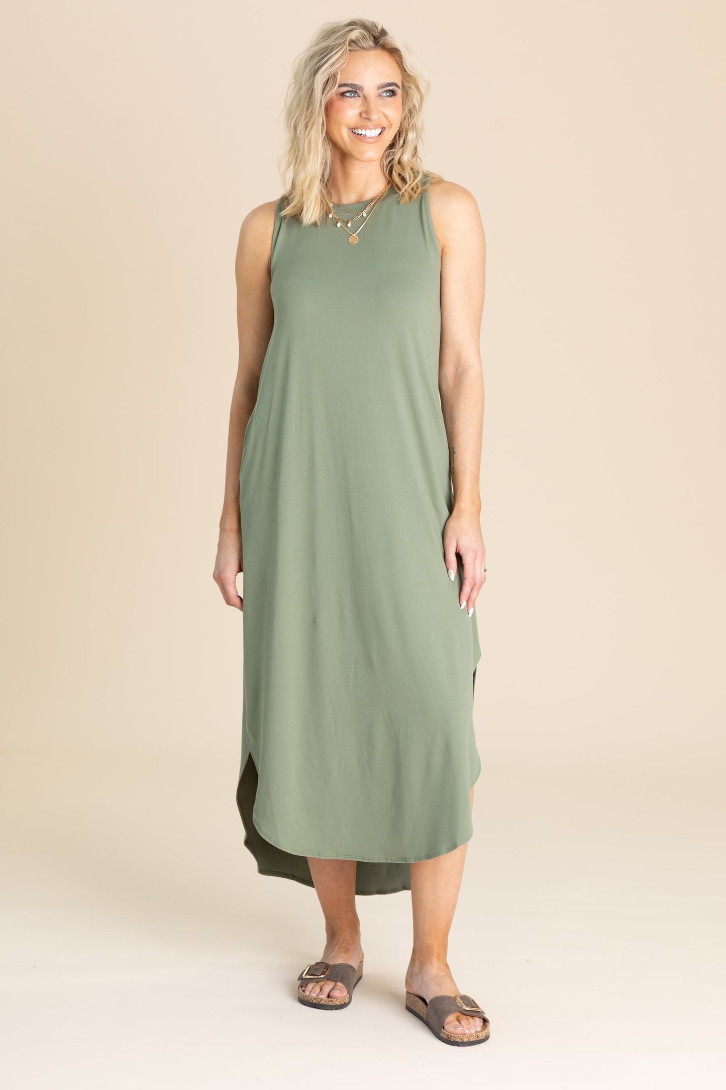 Brushed Side Slit Dress With Pockets