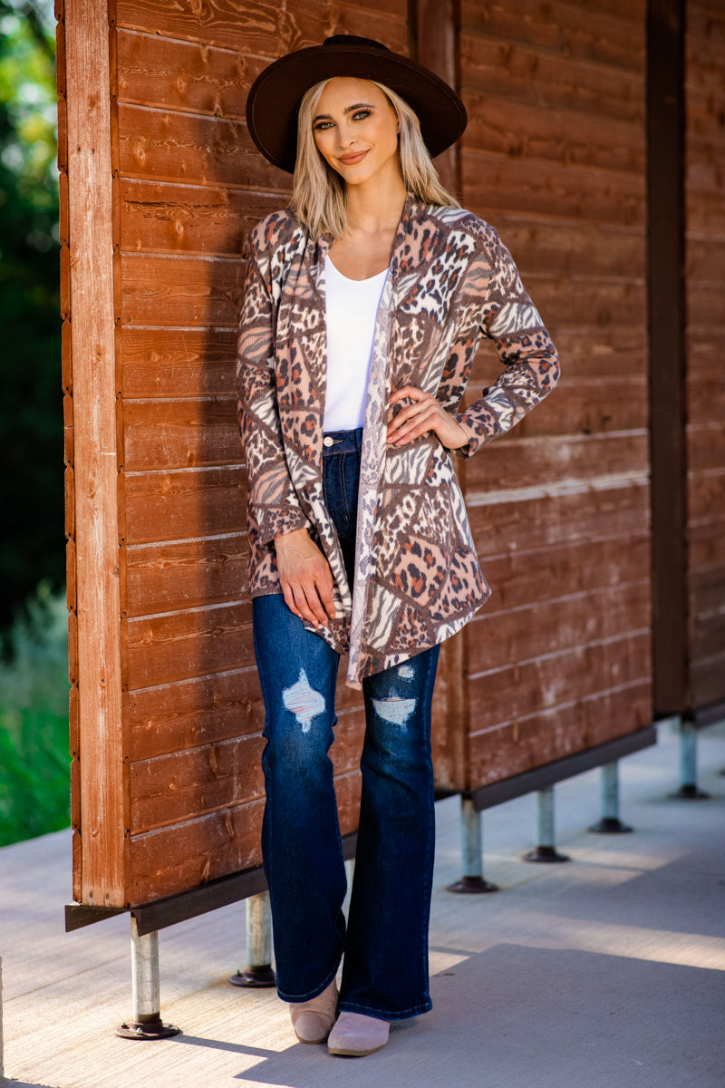 Brown Multicolor Multi Animal Print Cardigan