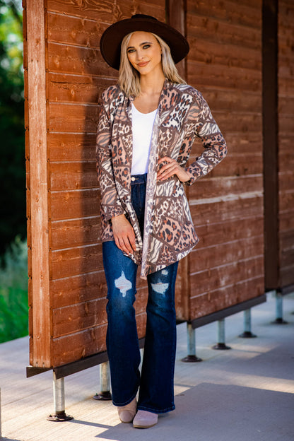 Brown Multicolor Multi Animal Print Cardigan