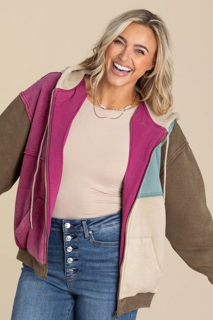 Brown Colorblock Zip Up Hoodie