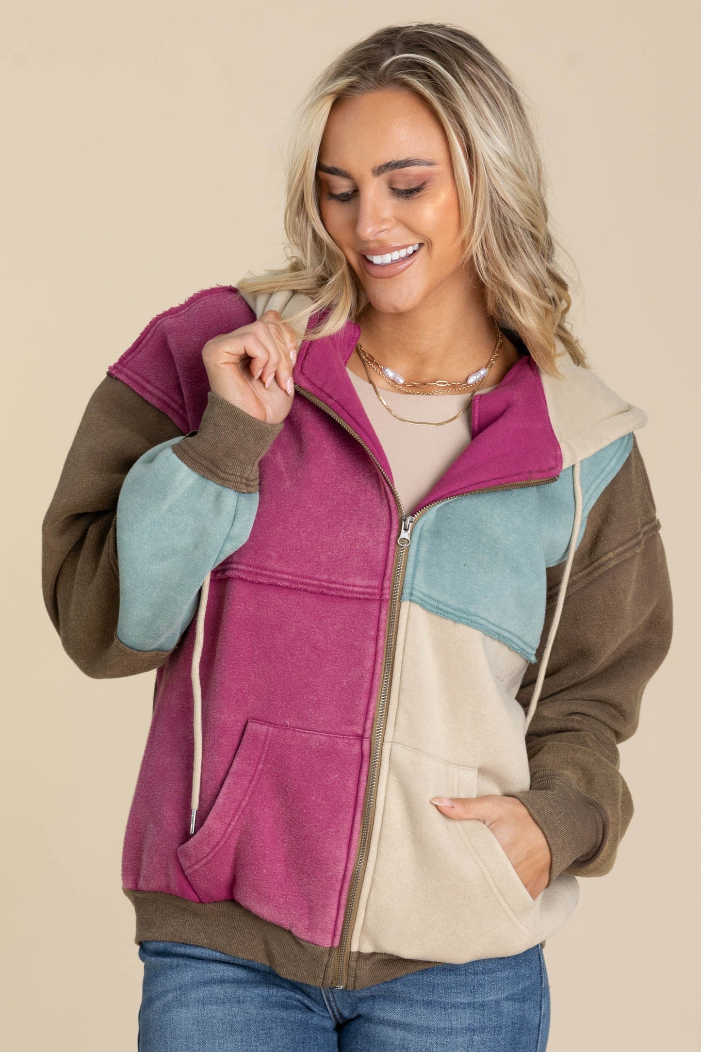Brown Colorblock Zip Up Hoodie