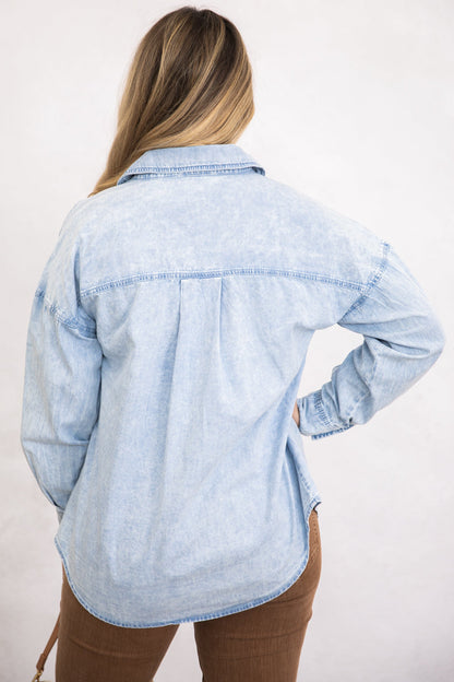 Chambray Washed Button Up Woven Top
