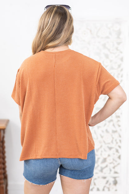 Cinnamon Texture Ribbed Short Sleeve Knit Top