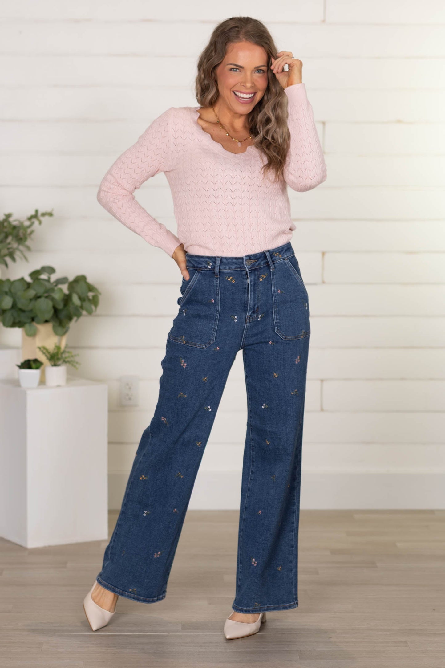 Cello High Rise Embroidered Wide Jeans