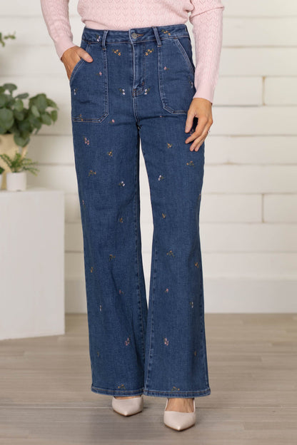 Cello High Rise Embroidered Wide Jeans