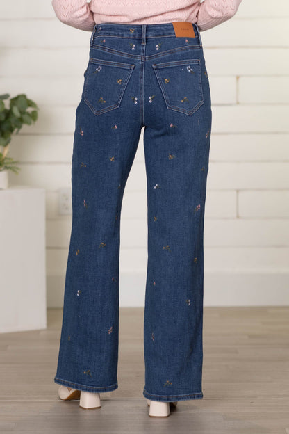 Cello High Rise Embroidered Wide Jeans