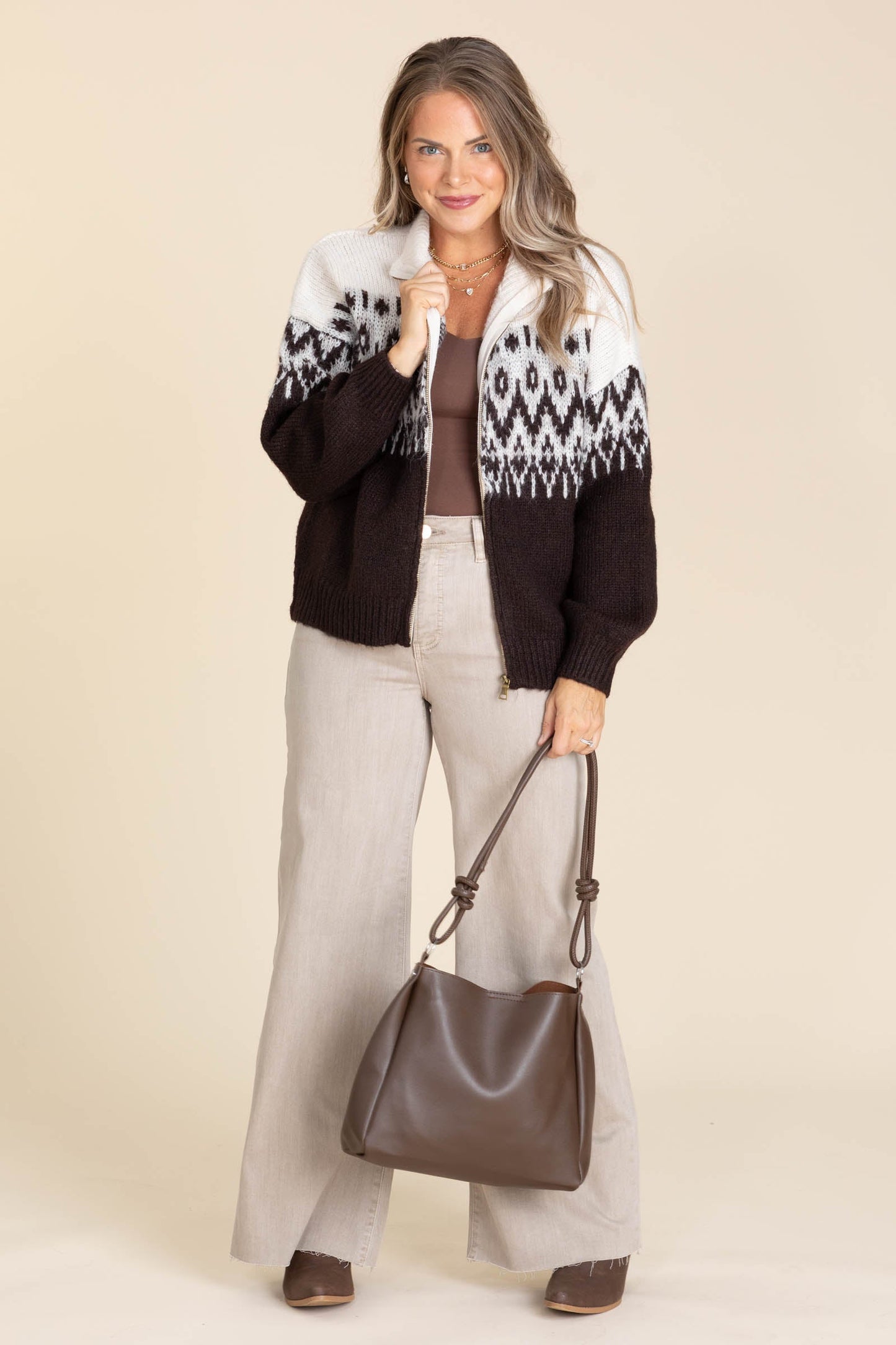 Brown Fair Isle Zip Knit Sweater Jacket