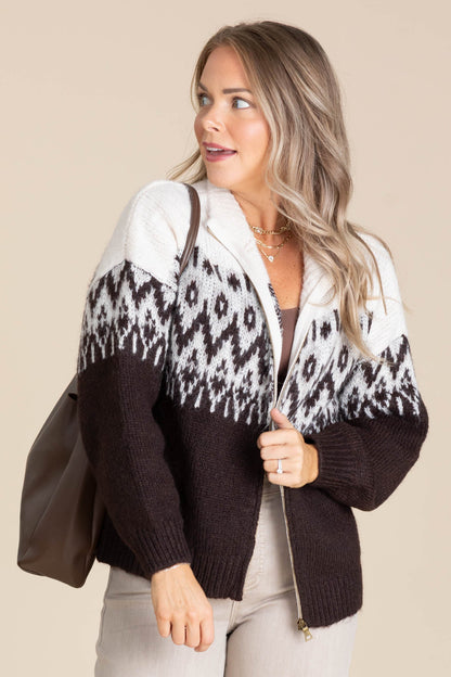 Brown Fair Isle Zip Knit Sweater Jacket