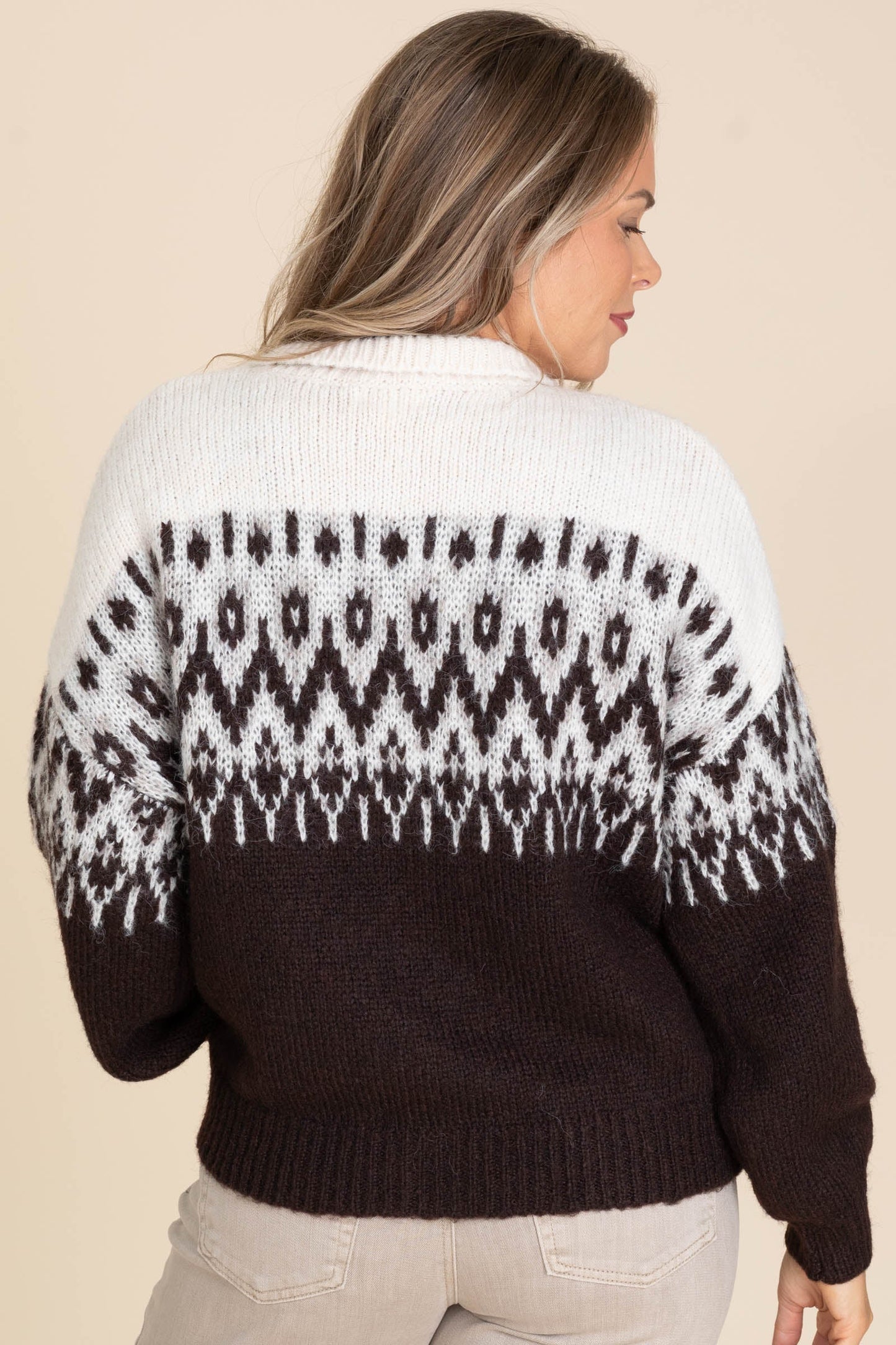 Brown Fair Isle Zip Knit Sweater Jacket