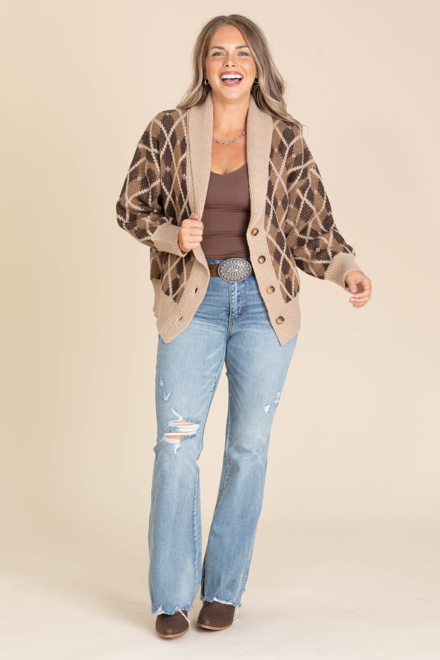 Brown Multicolor Shawl Collar Button Cardigan