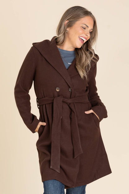 Brown Double Breasted Belt Hooded Coat