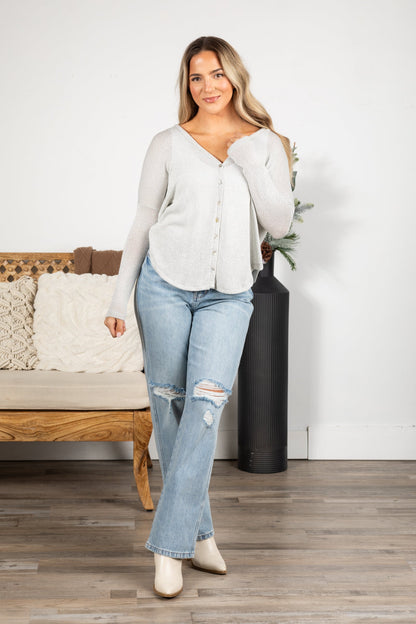 Button Front Melange Knit Long Sleeve Top