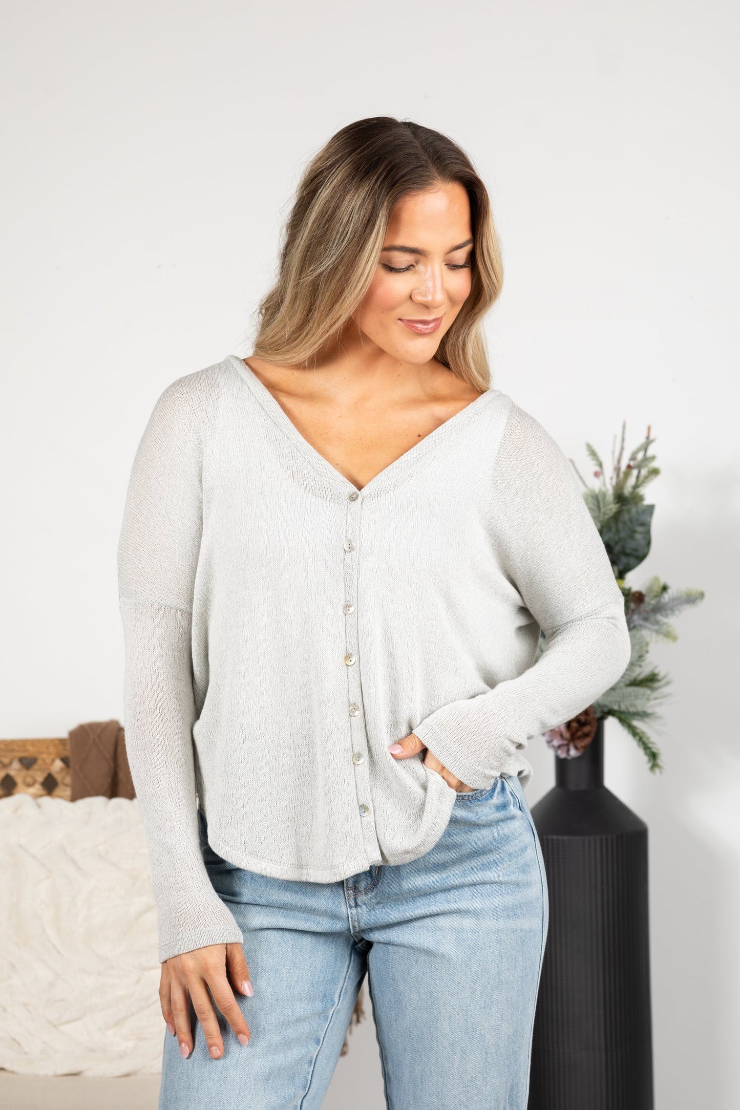 Button Front Melange Knit Long Sleeve Top