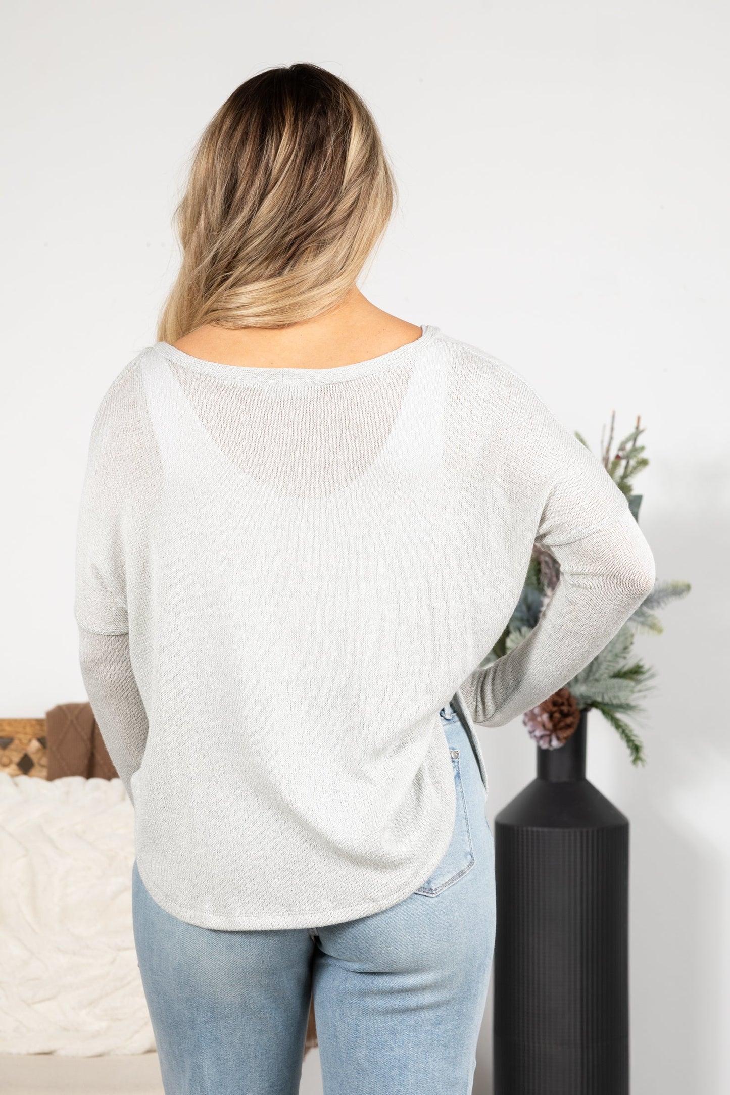 Button Front Melange Knit Long Sleeve Top