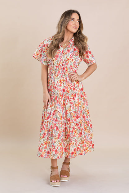 Coral Floral Tiered Maxi Dress