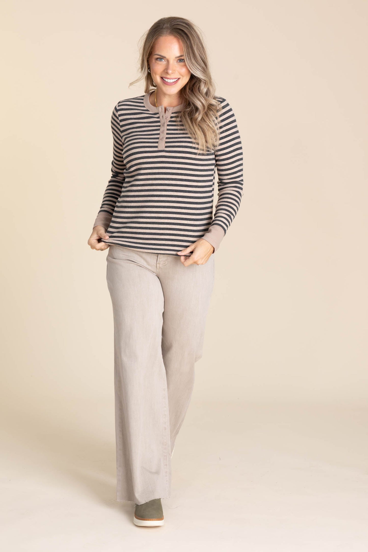 Button Henley Striped Knit Tops