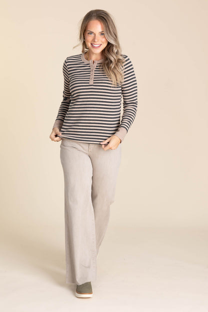 Button Henley Striped Knit Tops
