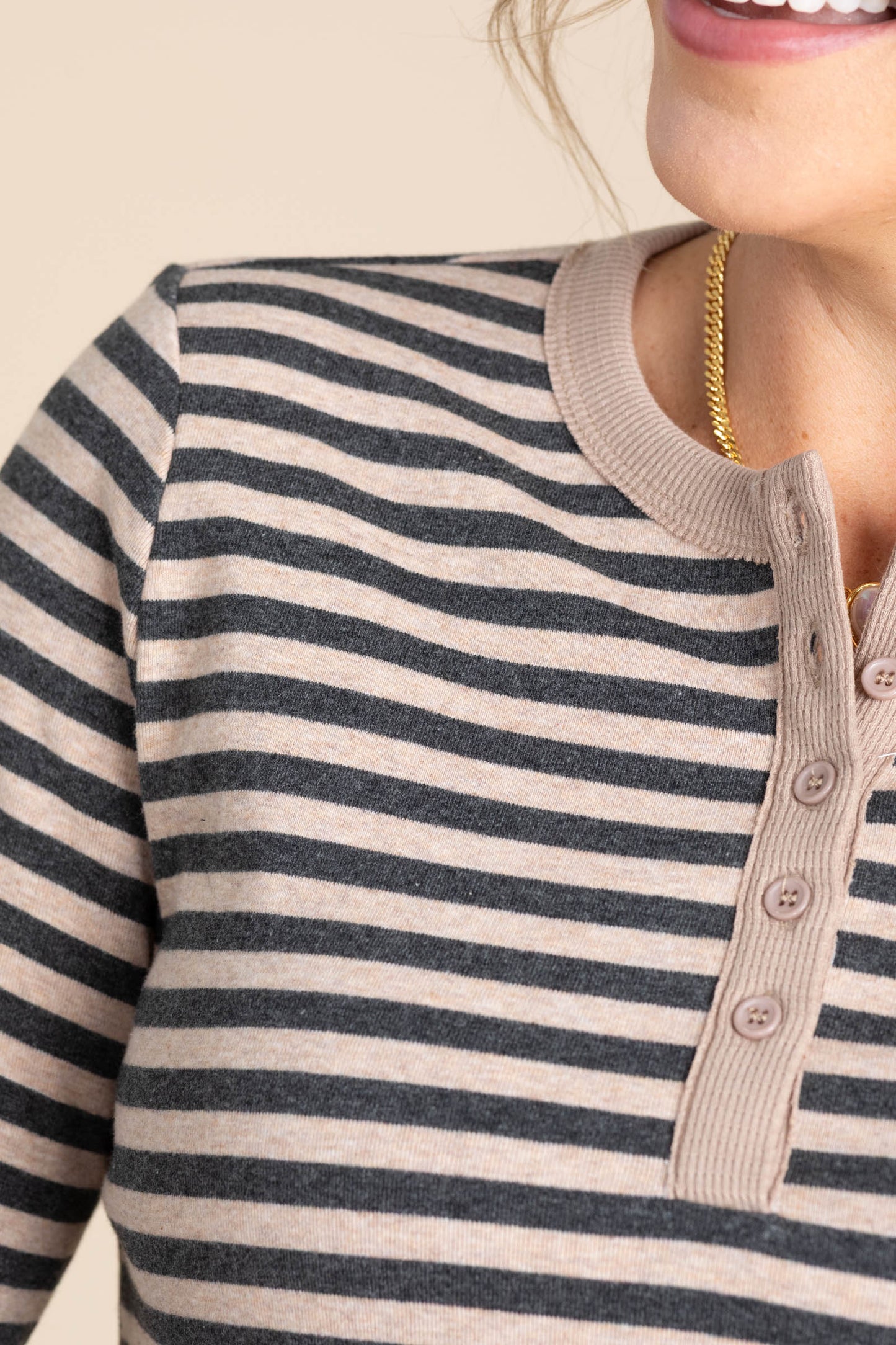 Button Henley Striped Knit Tops