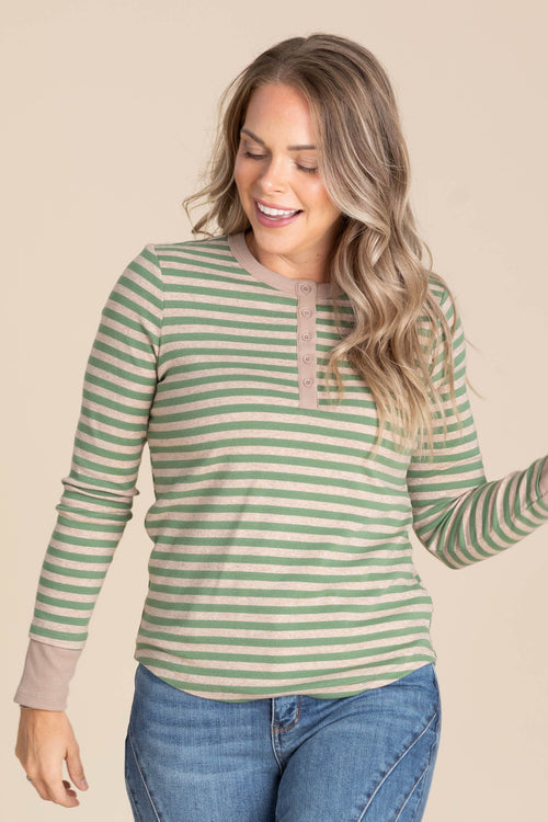 Button Henley Striped Knit Tops