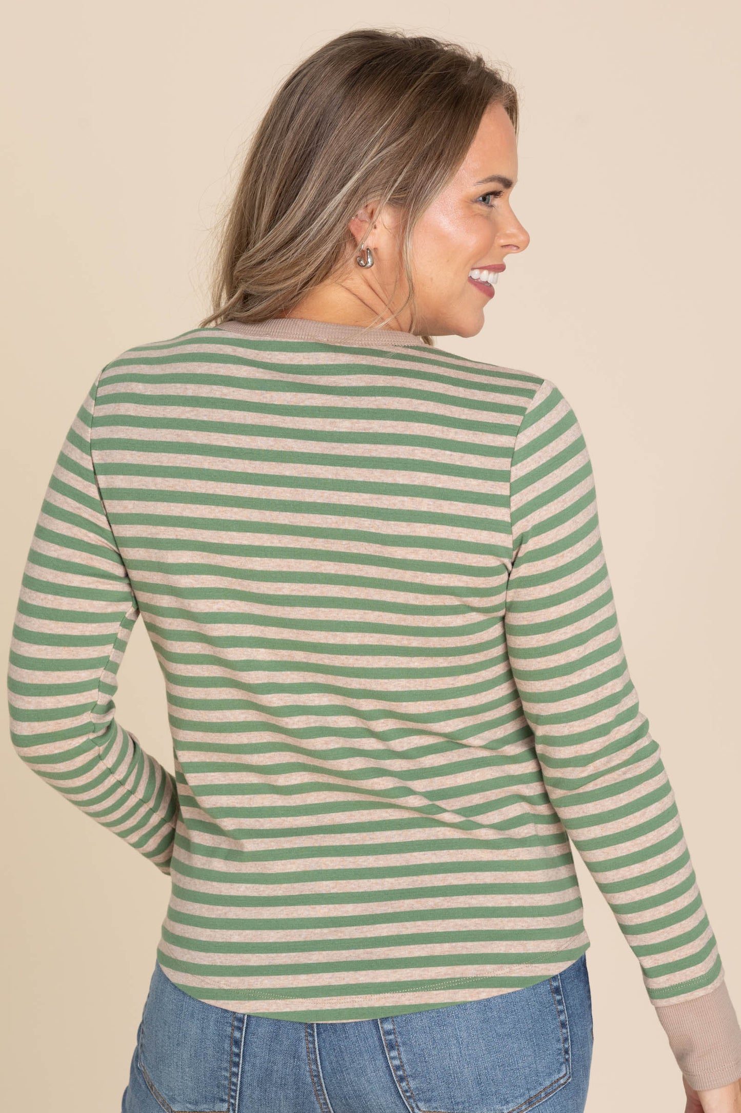 Button Henley Striped Knit Tops