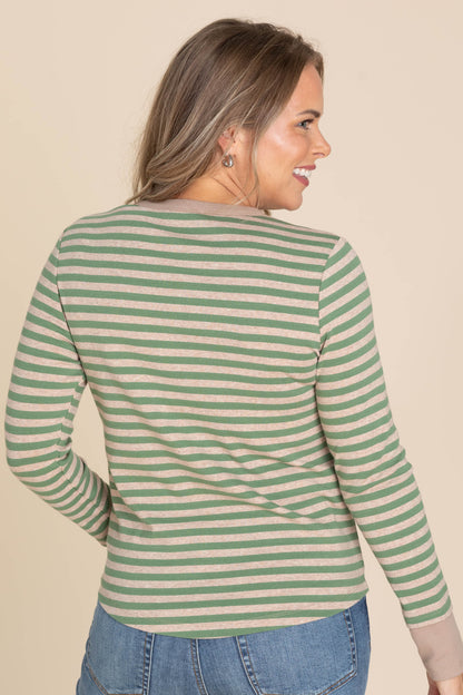 Button Henley Striped Knit Tops