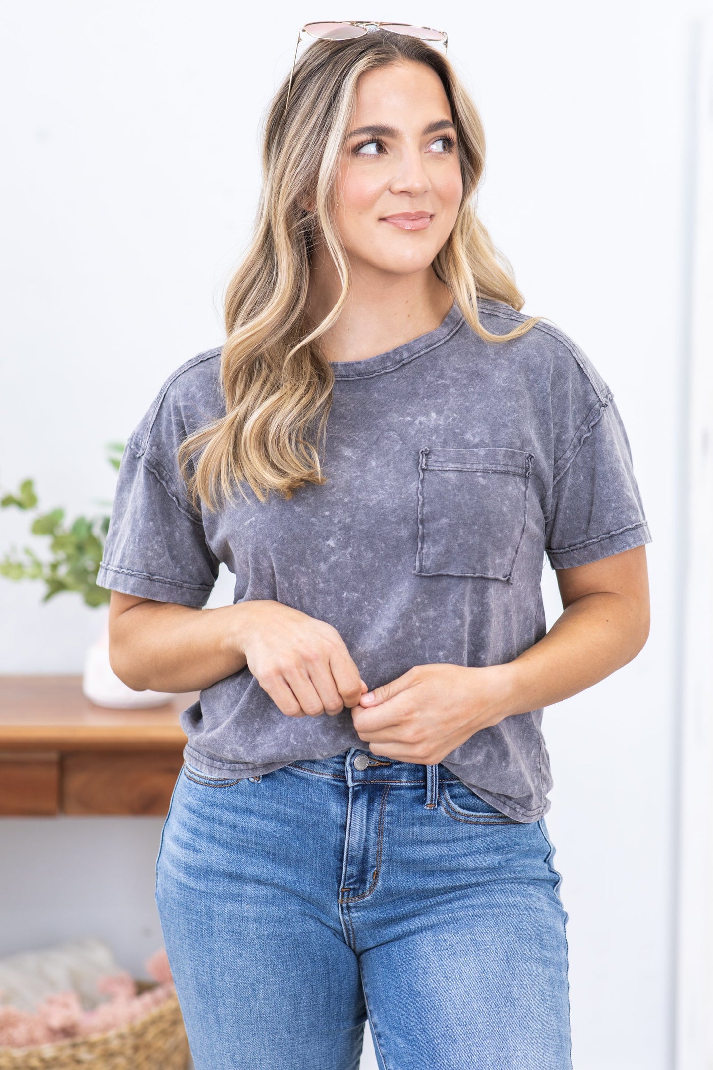 Charcoal Short Sleeve Washed Knit Pocket Tee