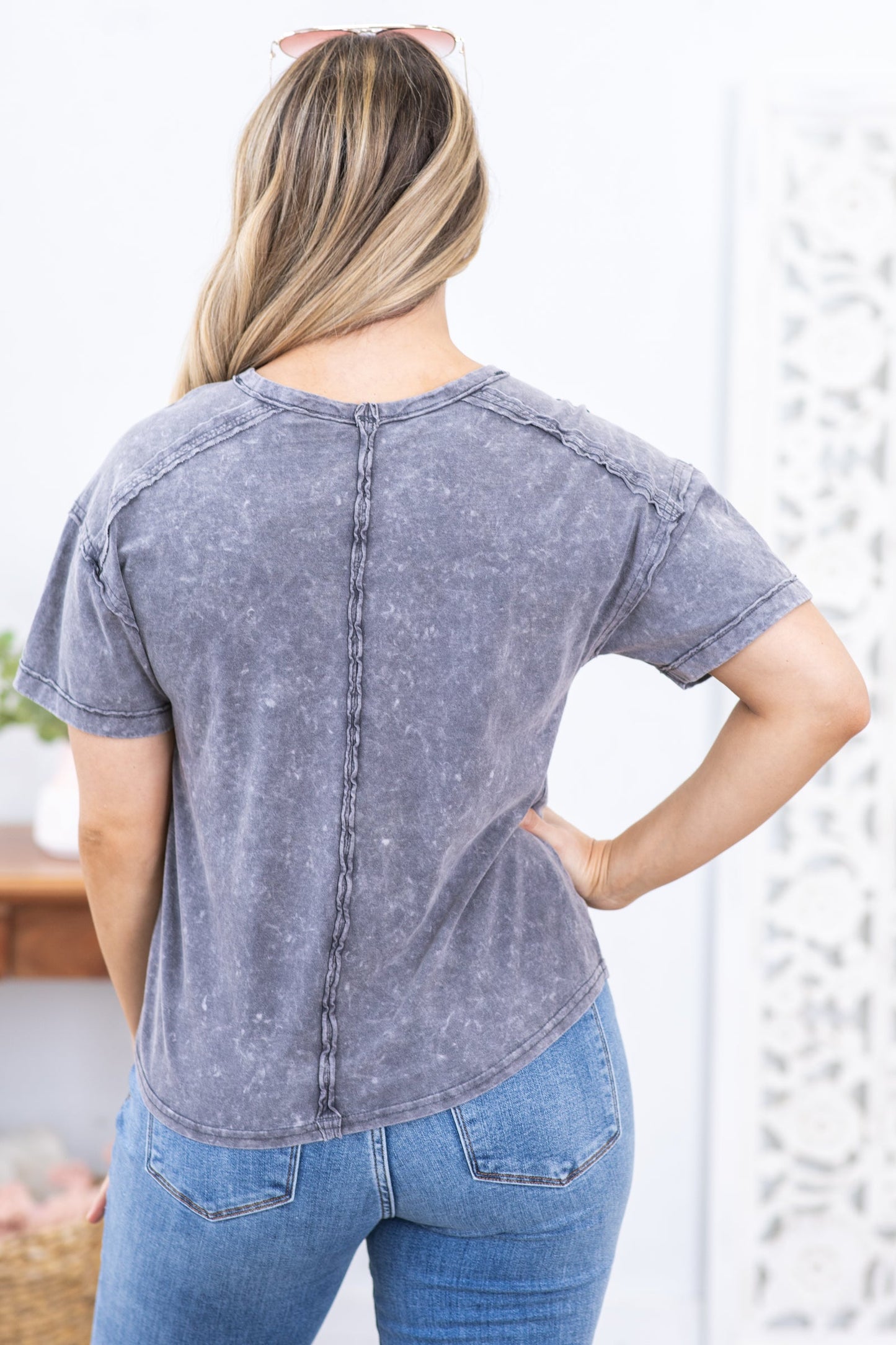 Charcoal Short Sleeve Washed Knit Pocket Tee