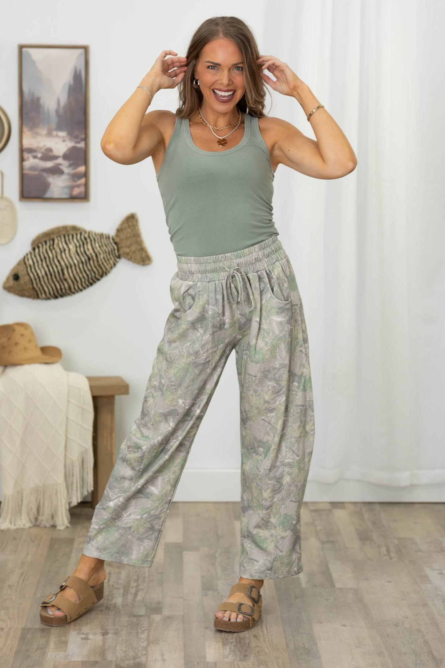 Camo Print Casual Knit Barrel Pants