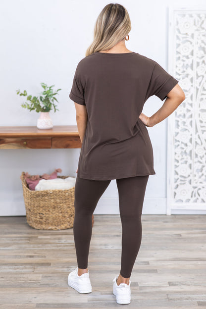 Brown V-Neck Short Sleeve Top and Legging Set